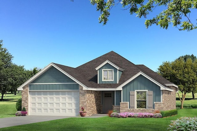 view of front facade featuring brick siding, an attached garage, board and batten siding, driveway, and a front lawn