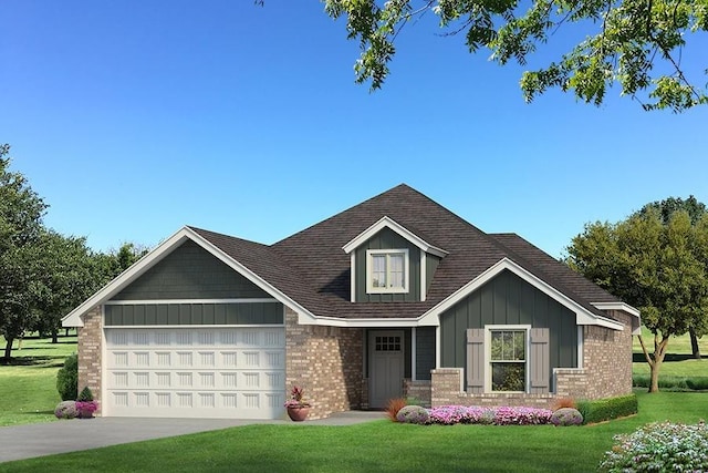 craftsman inspired home with an attached garage, brick siding, concrete driveway, a front lawn, and board and batten siding