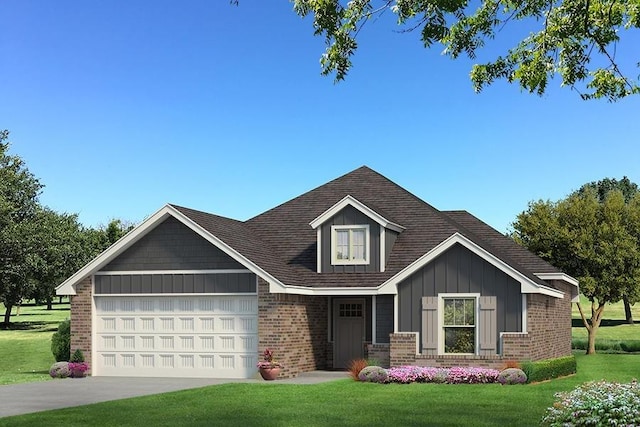 view of front of house with brick siding, concrete driveway, an attached garage, board and batten siding, and a front yard