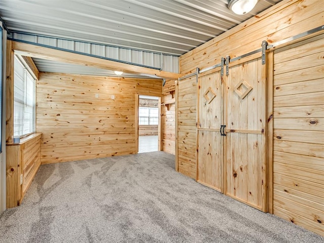 spare room with carpet flooring and wooden walls