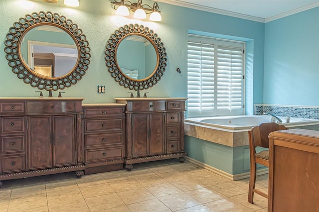 bathroom with vanity, crown molding, and tile patterned flooring