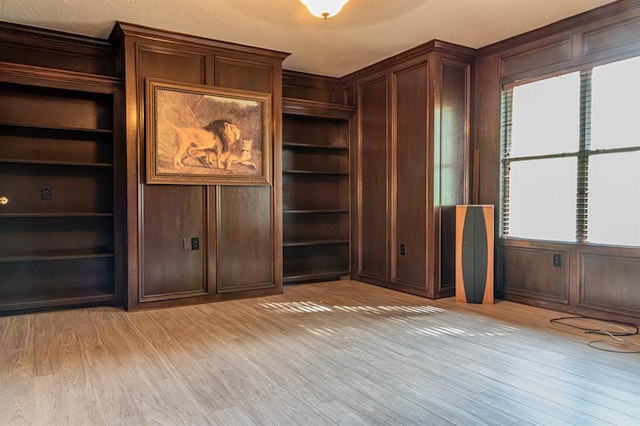 interior space featuring light hardwood / wood-style floors, wooden walls, and a healthy amount of sunlight