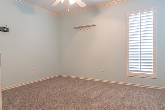 empty room with ceiling fan, ornamental molding, and carpet floors