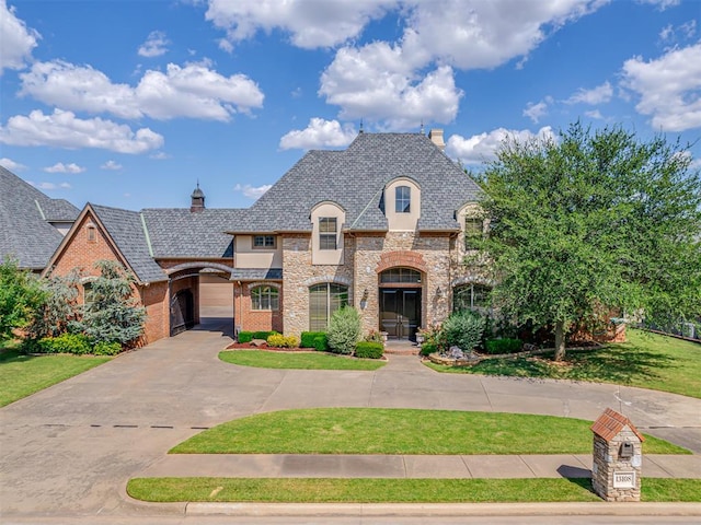 french country style house with a front lawn and a garage