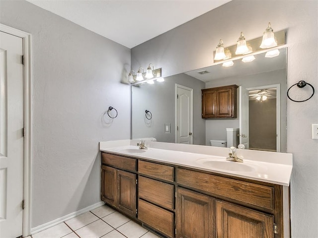 bathroom featuring tile patterned floors, ceiling fan, toilet, and vanity