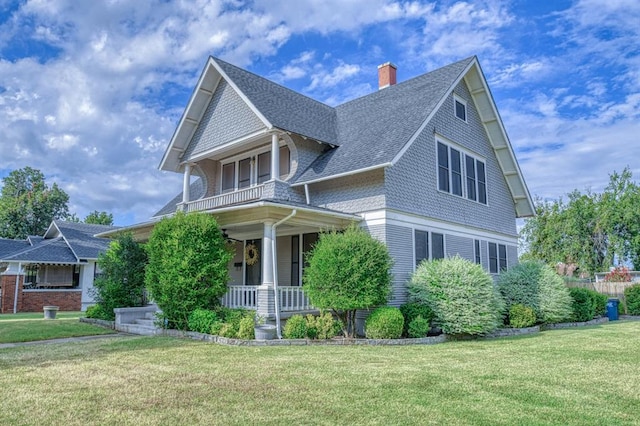 view of front of house featuring a porch and a front lawn