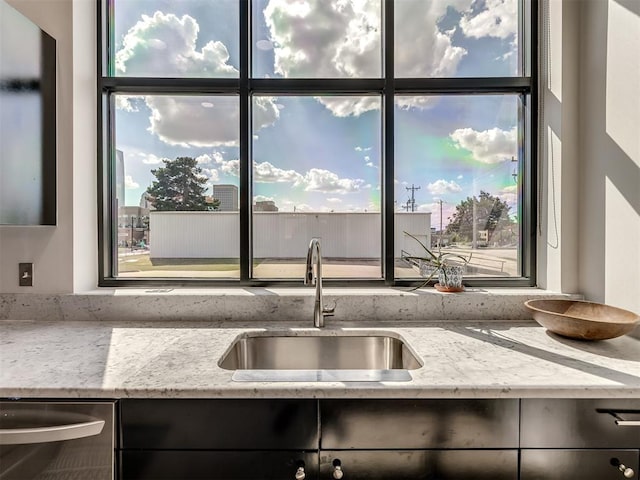 kitchen featuring light stone counters, stainless steel dishwasher, and sink