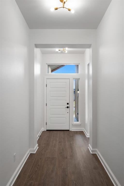 doorway with dark hardwood / wood-style flooring and a notable chandelier