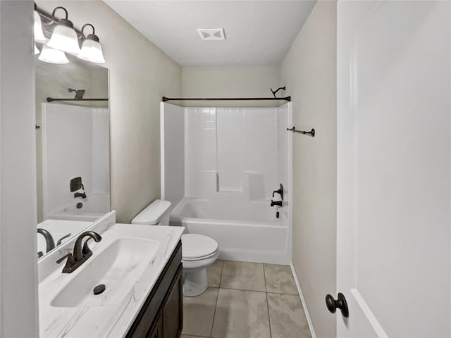 full bathroom with tile patterned flooring, vanity,  shower combination, and toilet