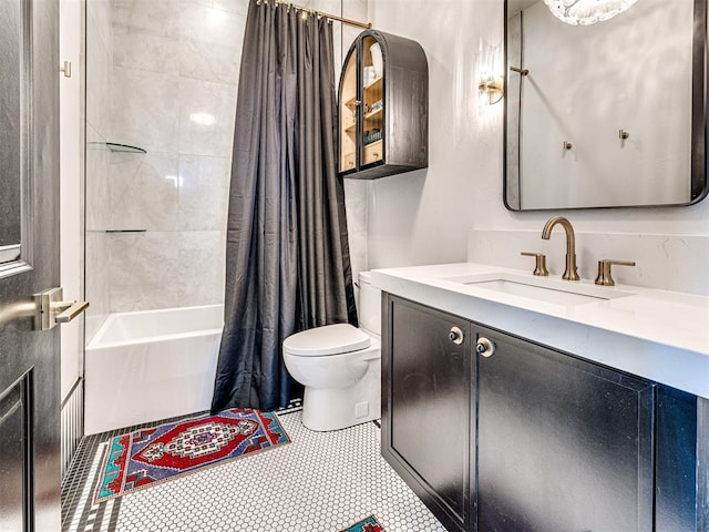 full bathroom featuring tile patterned flooring, shower / bath combo, toilet, and vanity