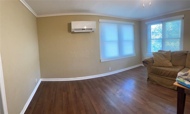 unfurnished living room featuring crown molding, dark wood-type flooring, and a wall mounted air conditioner