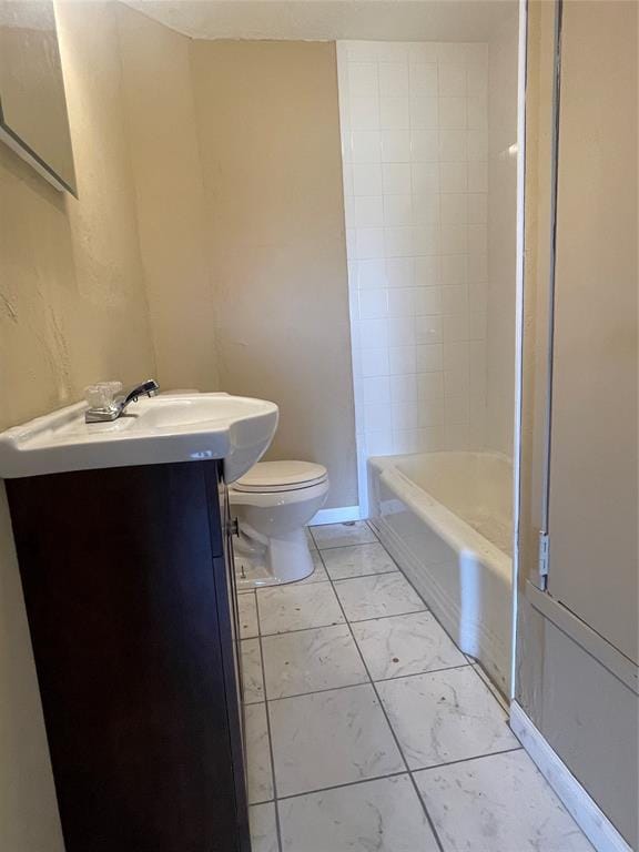 full bathroom featuring bathtub / shower combination, vanity, and toilet