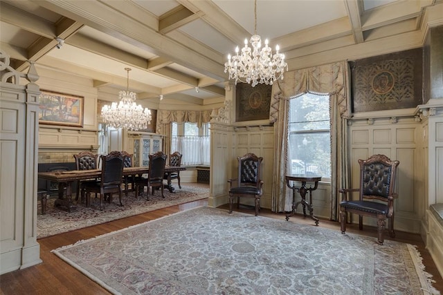 dining space with beam ceiling, dark hardwood / wood-style flooring, a chandelier, and coffered ceiling