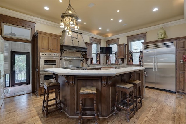 kitchen with crown molding, custom exhaust hood, stainless steel appliances, and light wood-type flooring