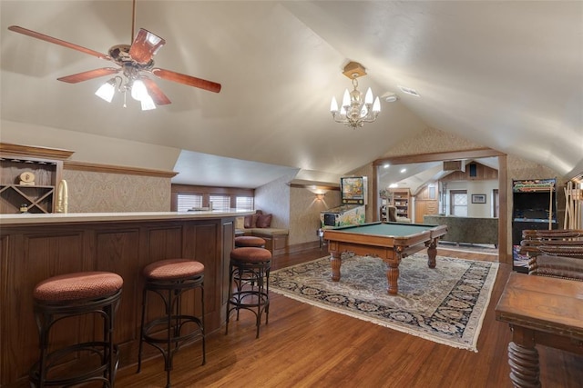 rec room with lofted ceiling, ceiling fan, bar, pool table, and wood-type flooring