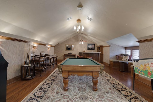 playroom featuring ceiling fan, lofted ceiling, dark wood-type flooring, and pool table