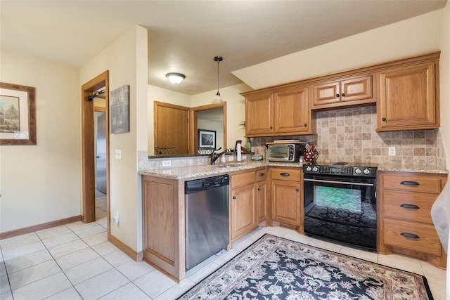 kitchen with dishwasher, black range with electric cooktop, tasteful backsplash, light stone counters, and pendant lighting