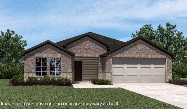 view of front facade featuring a garage, concrete driveway, brick siding, and a front lawn