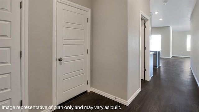 corridor with baseboards, dark wood finished floors, and recessed lighting