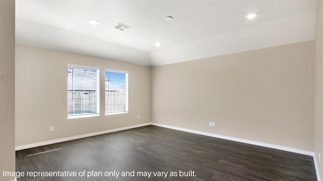 empty room featuring recessed lighting, dark wood-style flooring, visible vents, baseboards, and vaulted ceiling