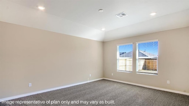 carpeted spare room with vaulted ceiling, recessed lighting, visible vents, and baseboards