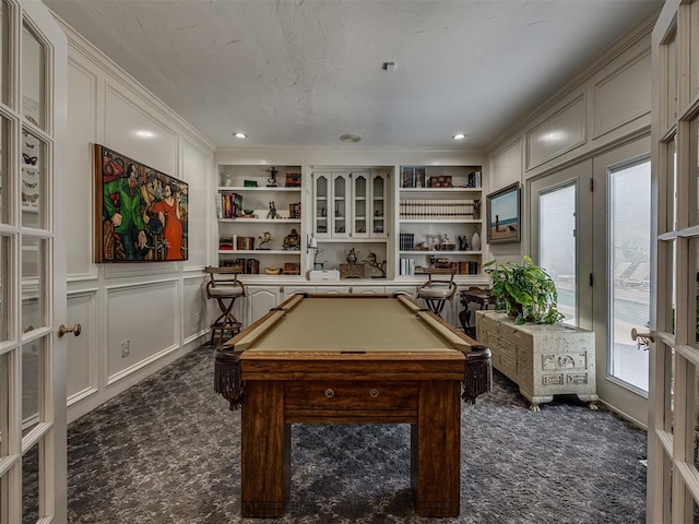 playroom with built in features, french doors, dark carpet, and billiards