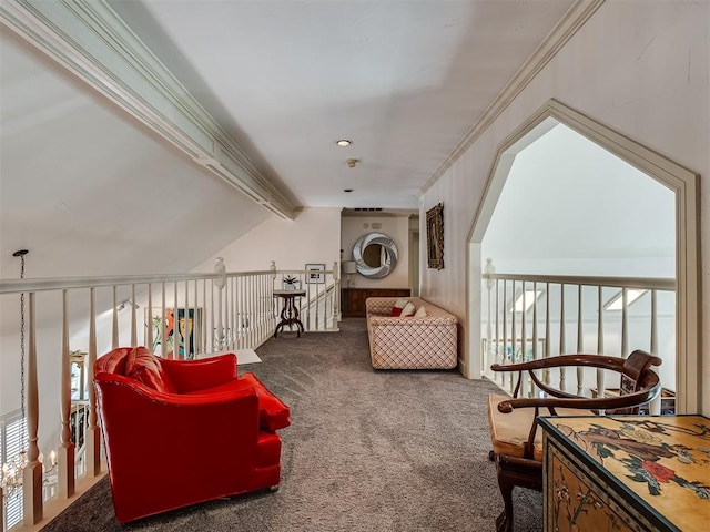 living area featuring carpet floors, lofted ceiling with beams, and ornamental molding