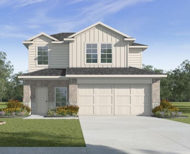 view of front of home with a garage, brick siding, driveway, board and batten siding, and a front yard