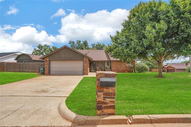 single story home with a garage and a front yard