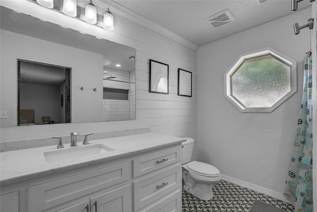 bathroom with tile patterned flooring, vanity, toilet, and a shower with shower curtain