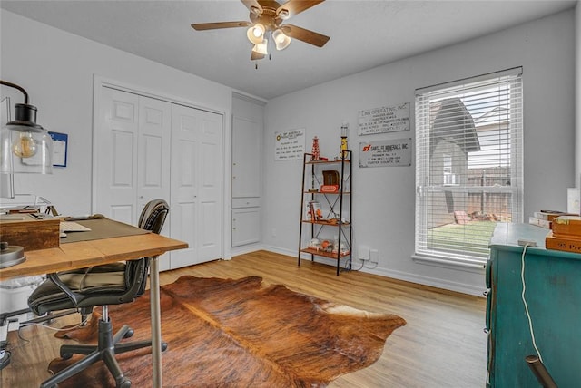 office space with ceiling fan and wood-type flooring