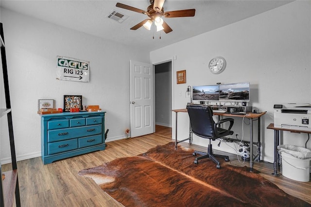 office area with ceiling fan and light hardwood / wood-style flooring