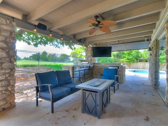 view of patio / terrace featuring a grill, area for grilling, a fenced in pool, and ceiling fan