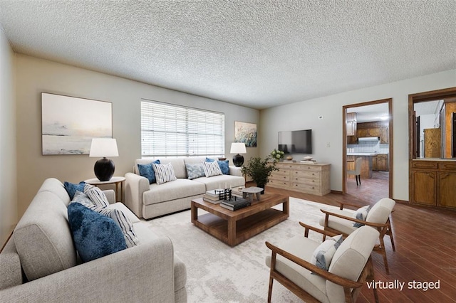 living room with light hardwood / wood-style floors and a textured ceiling