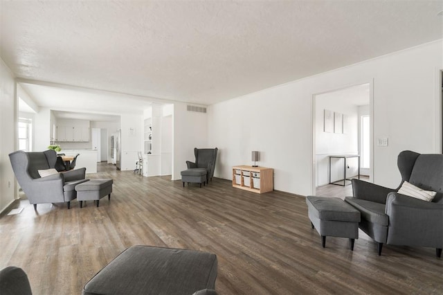 living room with a textured ceiling and dark wood-type flooring