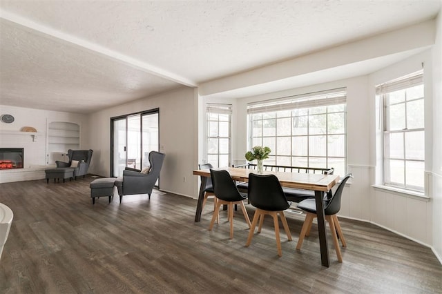 dining room featuring a textured ceiling, built in features, plenty of natural light, and dark hardwood / wood-style floors