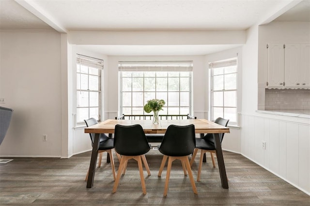 dining room featuring a healthy amount of sunlight and dark hardwood / wood-style floors