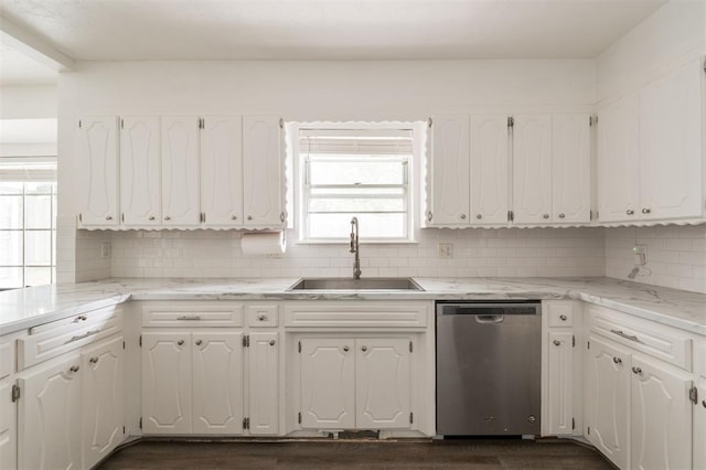 kitchen featuring dishwasher, backsplash, sink, dark hardwood / wood-style flooring, and white cabinetry