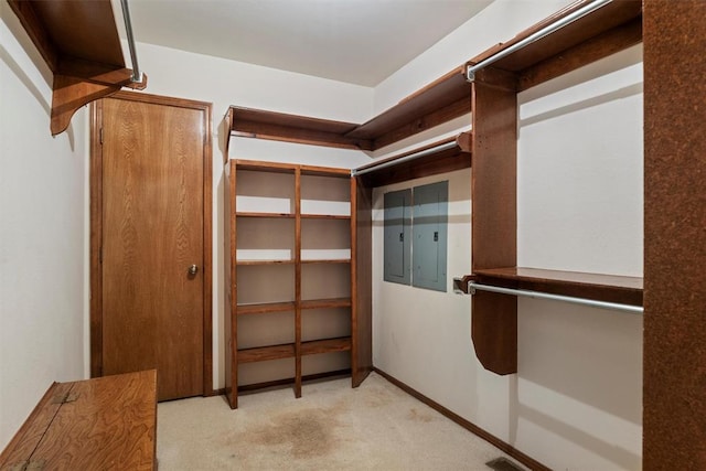 spacious closet featuring light colored carpet