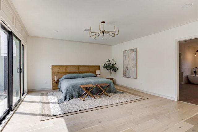 bedroom featuring baseboards, visible vents, light wood-style flooring, ornamental molding, and access to exterior