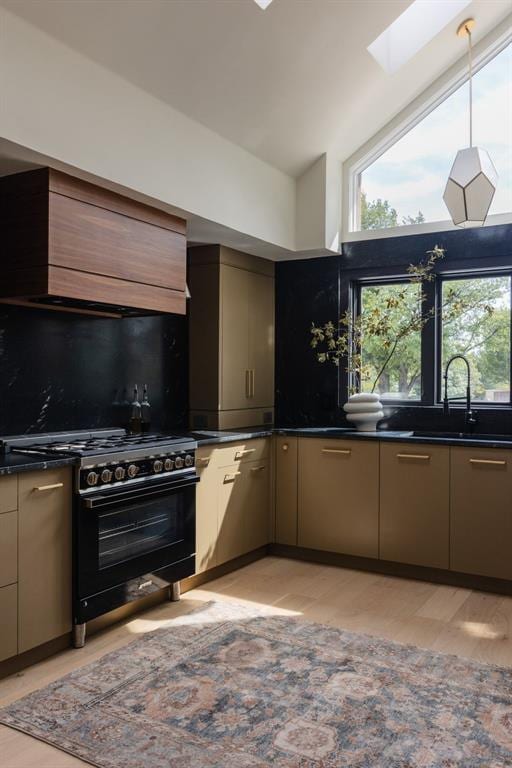 kitchen featuring a sink, backsplash, dark countertops, black gas stove, and a skylight