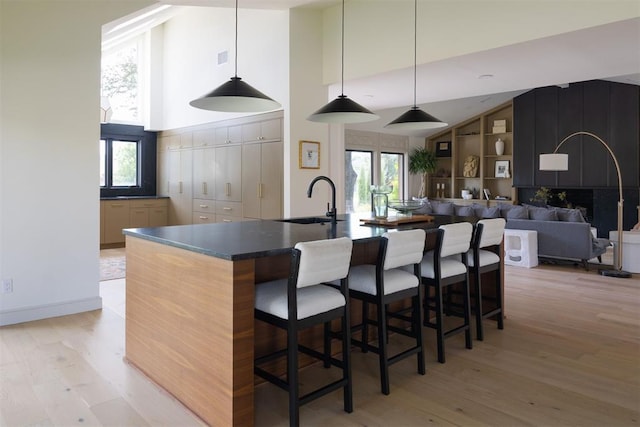 kitchen with dark countertops, light wood-style flooring, a healthy amount of sunlight, and a sink