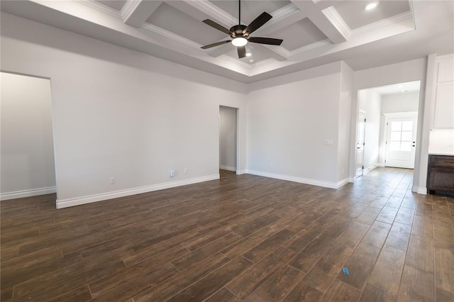 spare room featuring ceiling fan, coffered ceiling, crown molding, and beam ceiling