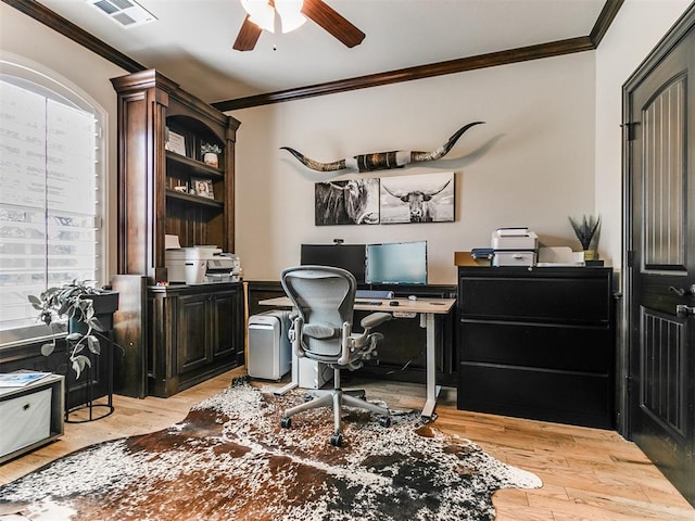 home office featuring light hardwood / wood-style floors, ceiling fan, and ornamental molding