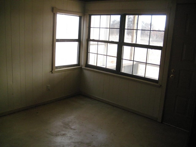 empty room featuring a healthy amount of sunlight and wood walls