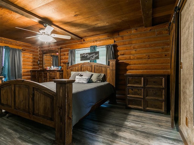 bedroom featuring rustic walls, wood ceiling, ceiling fan, dark wood-type flooring, and beamed ceiling