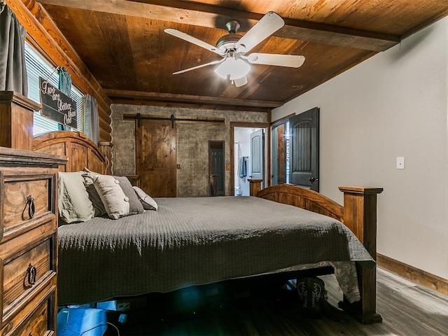 bedroom featuring wood ceiling, a barn door, ceiling fan, and wood-type flooring