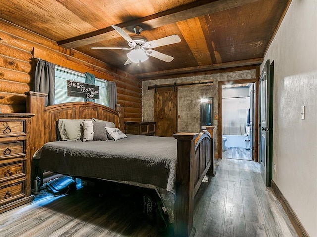 bedroom featuring rustic walls, ceiling fan, a barn door, wood ceiling, and hardwood / wood-style flooring