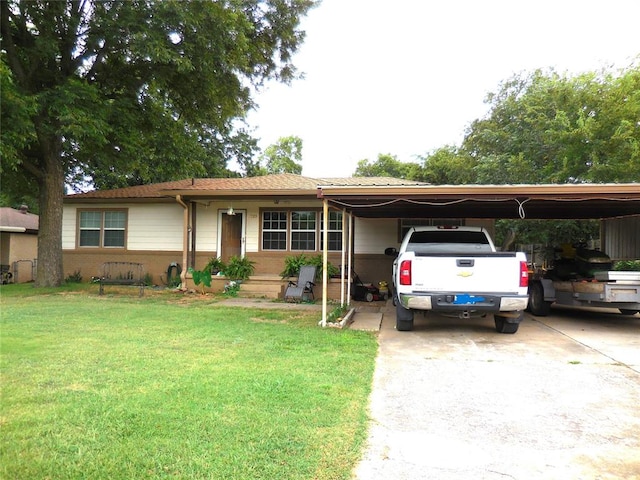 ranch-style home with a carport and a front lawn