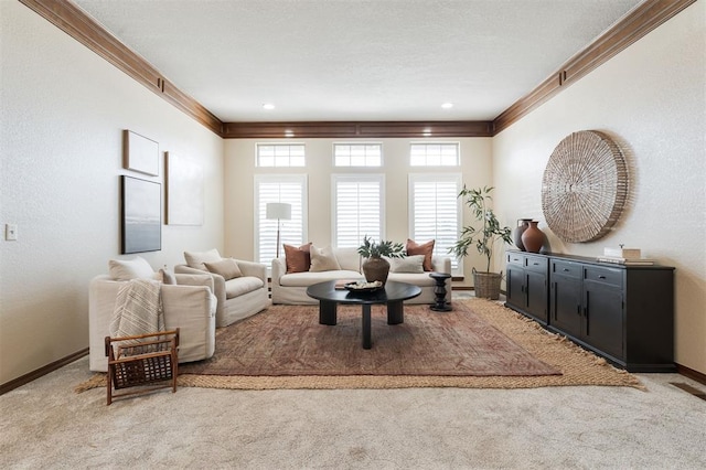 living room featuring crown molding and light colored carpet